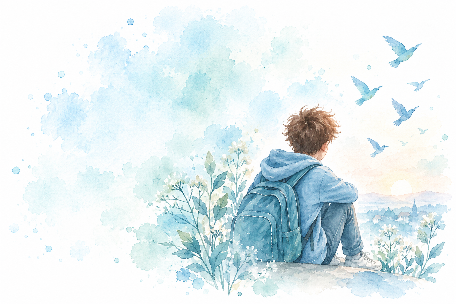 Jeune garçon assis de dos, illustration à l’aquarelle